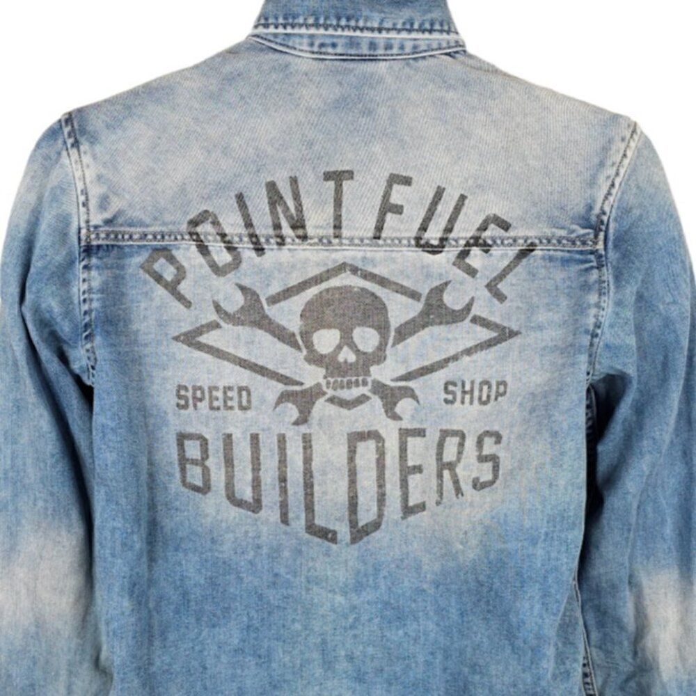 Racing Skull Denim Shirt Mens Size XS Blue Pearl Snap Buttons Point Fuel Speed